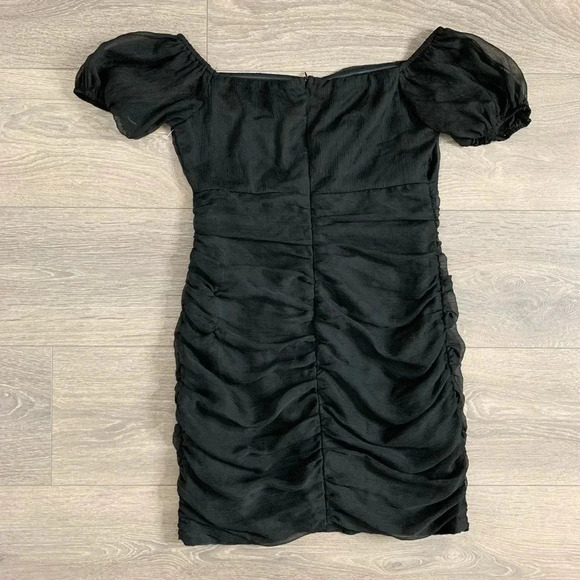 Lioness Mini Dress Black Ruched Gathered Off Shoulder puff Sleeve Size Medium - Picture 11 of 12